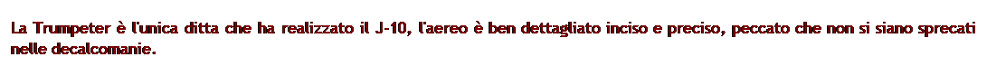 Casella di testo: La Trumpeter  l'unica ditta che ha realizzato il J-10, l'aereo  ben dettagliato inciso e preciso, peccato che non si siano sprecati nelle decalcomanie.
